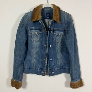 GAP Denim Trucker Jacket Fur Trim Collar Cuffs Custom DIY Unique Boho Small